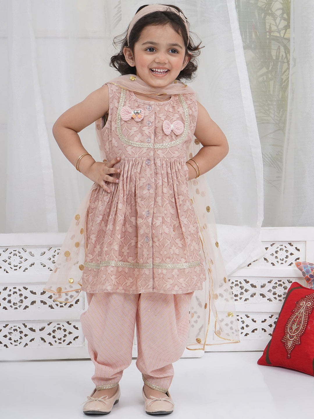 Girls Cotton Sleeveless Floral Self Weaving Kurta with Bow Applique work and Salwar with Dupatta - Mocha Brown