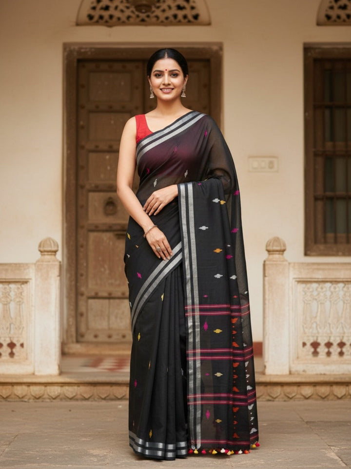 Black Handloom Jamdani Cotton Saree | SHOBITAM