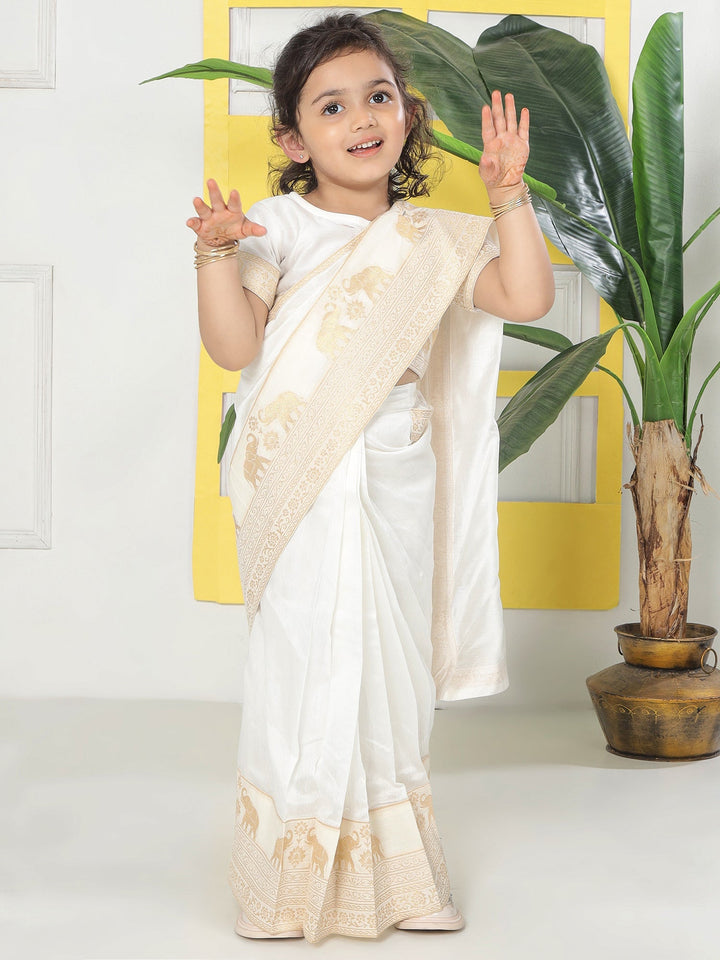Cream Elephant Zari Embroidery Ready to Wear Saree with Stitched Blouse set | SHOBITAM