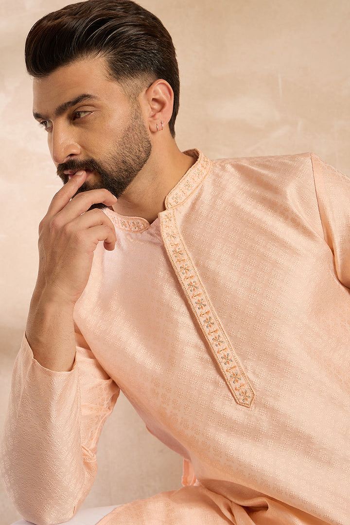 Peach Polyester Solid Embroidered Straight Kurta With Trouser | SHOBITAM
