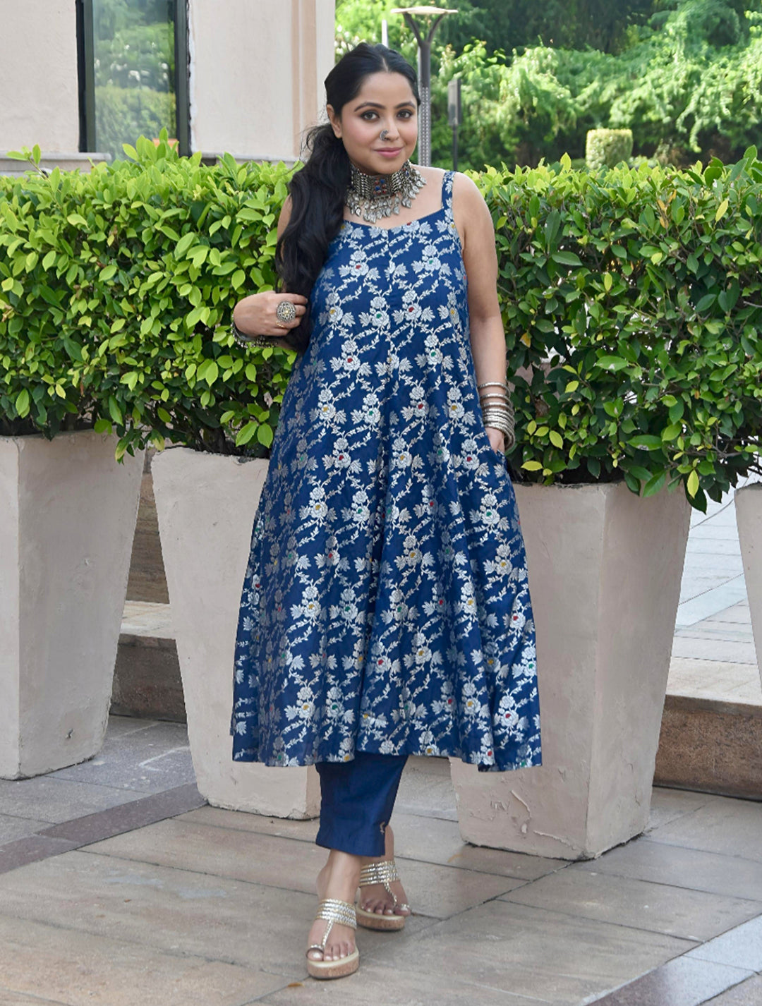 Blue Brocade Straight High-Slit Kurta Co-ord Set | SHOBITAM