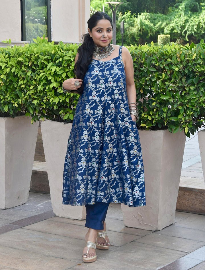Blue Brocade Straight High-Slit Kurta Co-ord Set | SHOBITAM