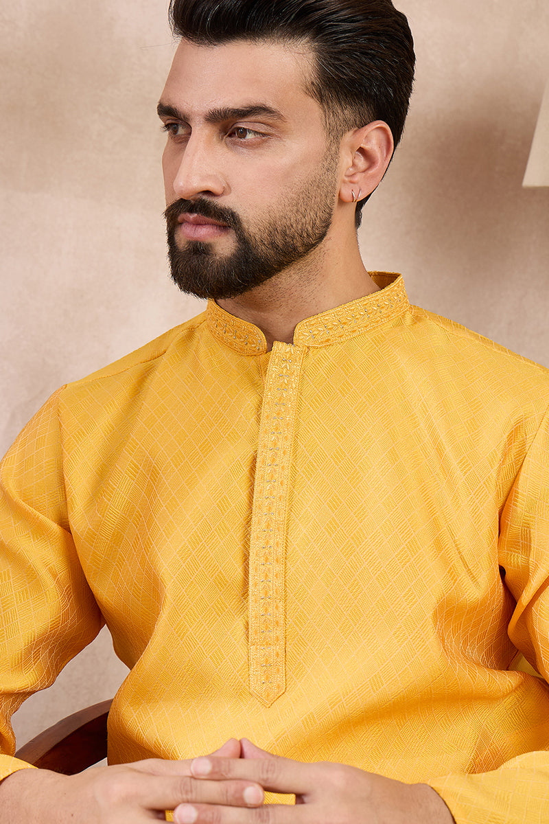 Yellow Silk Blend Solid Embroidered Straight Kurta With Trouser | SHOBITAM