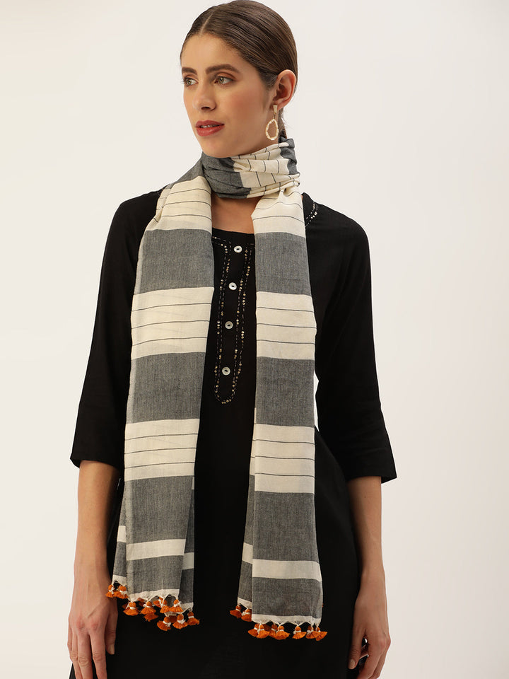 White and Black Cotton Striped Stole | SHOBITAM
