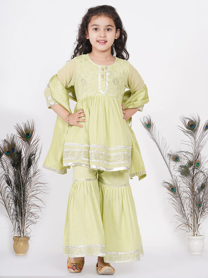 Girls jaipuri Lacework Kurta frock with Sharara and Dupatta - Classic Green | SHOBITAM