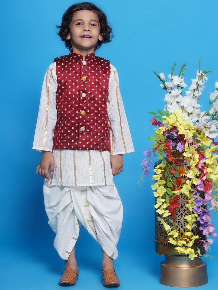 Chand Sitare Nehru Jacket with Cotton Dhoti Kurta - Cream & Maroon | SHOBITAM