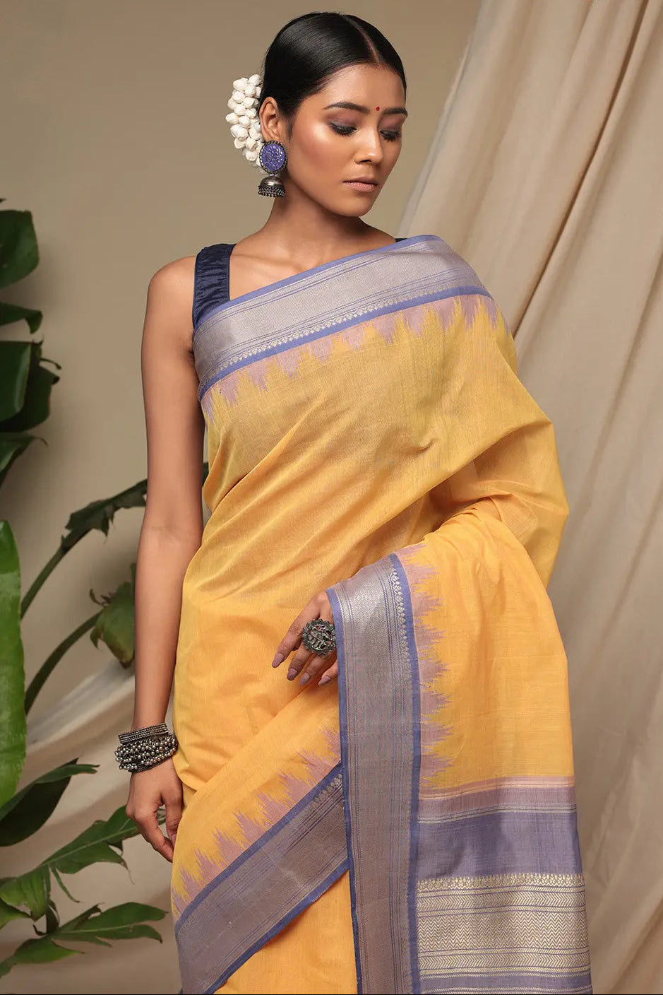 Handloom Butter Yellow Pure Cotton Kanchi Saree With Pure Silk Border And Pallu | SHOBITAM