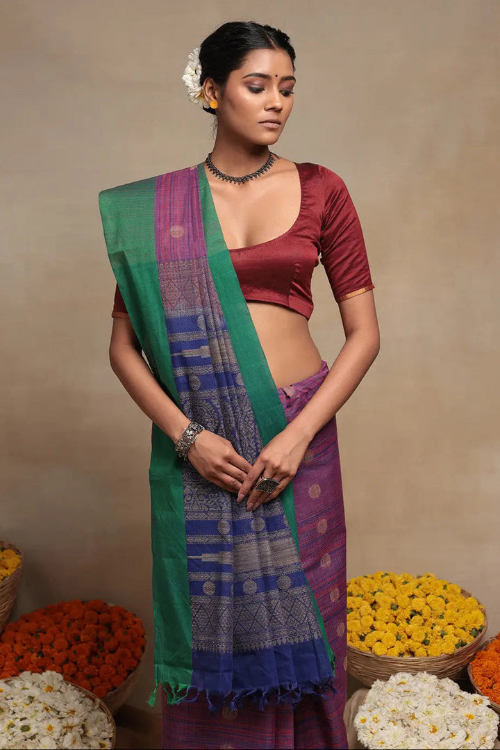 Blue And Pink Pure Cotton Handloom Kanchi Saree | SHOBITAM