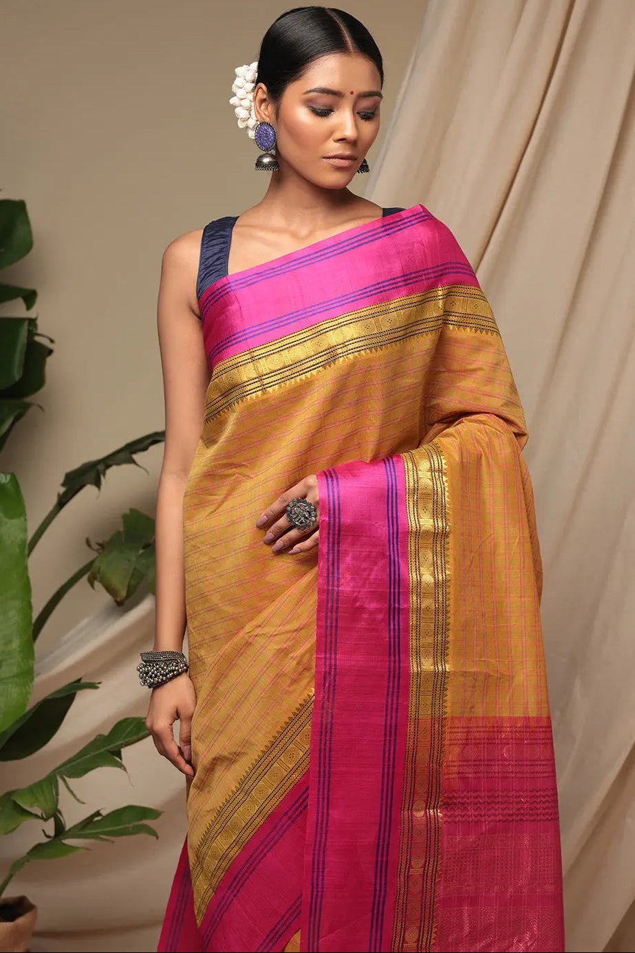 Handloom Honey Yellow Pure Cotton Kanchi Saree With Pure Silk Border And Pallu | SHOBITAM