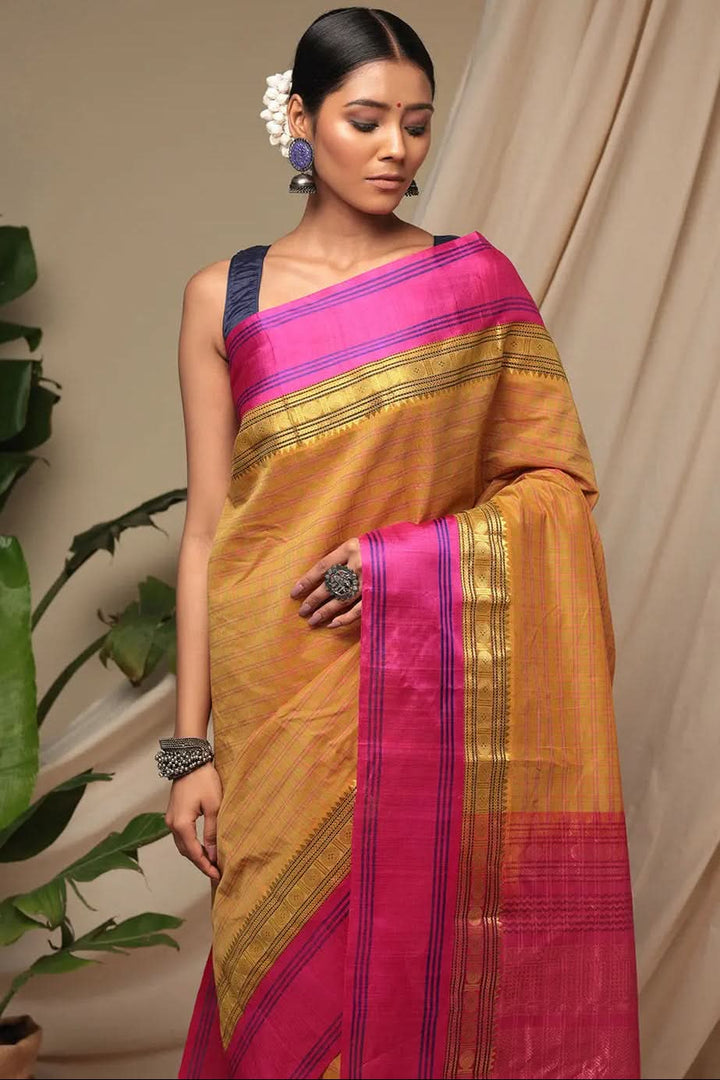 Handloom Honey Yellow Pure Cotton Kanchi Saree With Pure Silk Border And Pallu | SHOBITAM