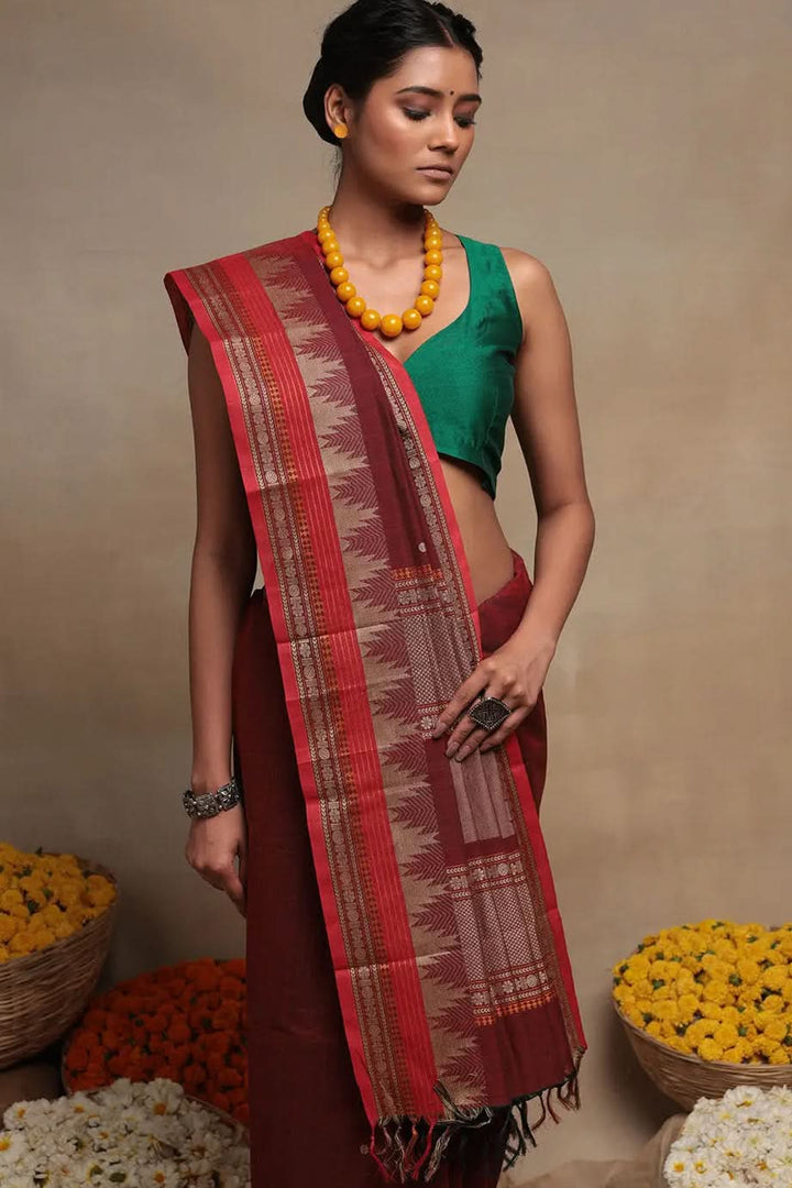 Maroon Handloom Pure Cotton Kanchi Saree | SHOBITAM