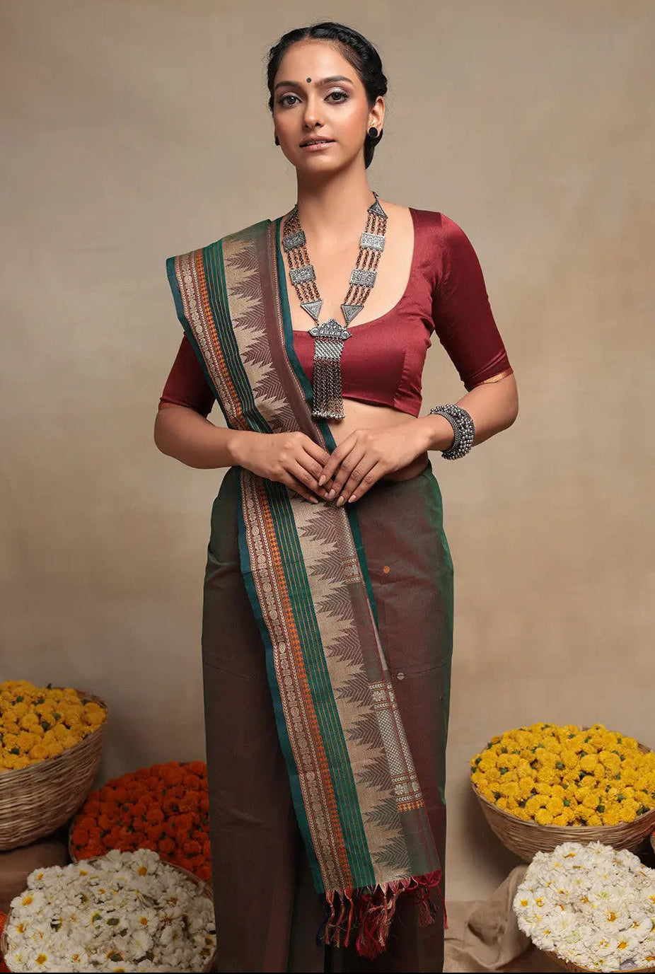 Gray Pure Cotton Kanchi Saree | Shobitam