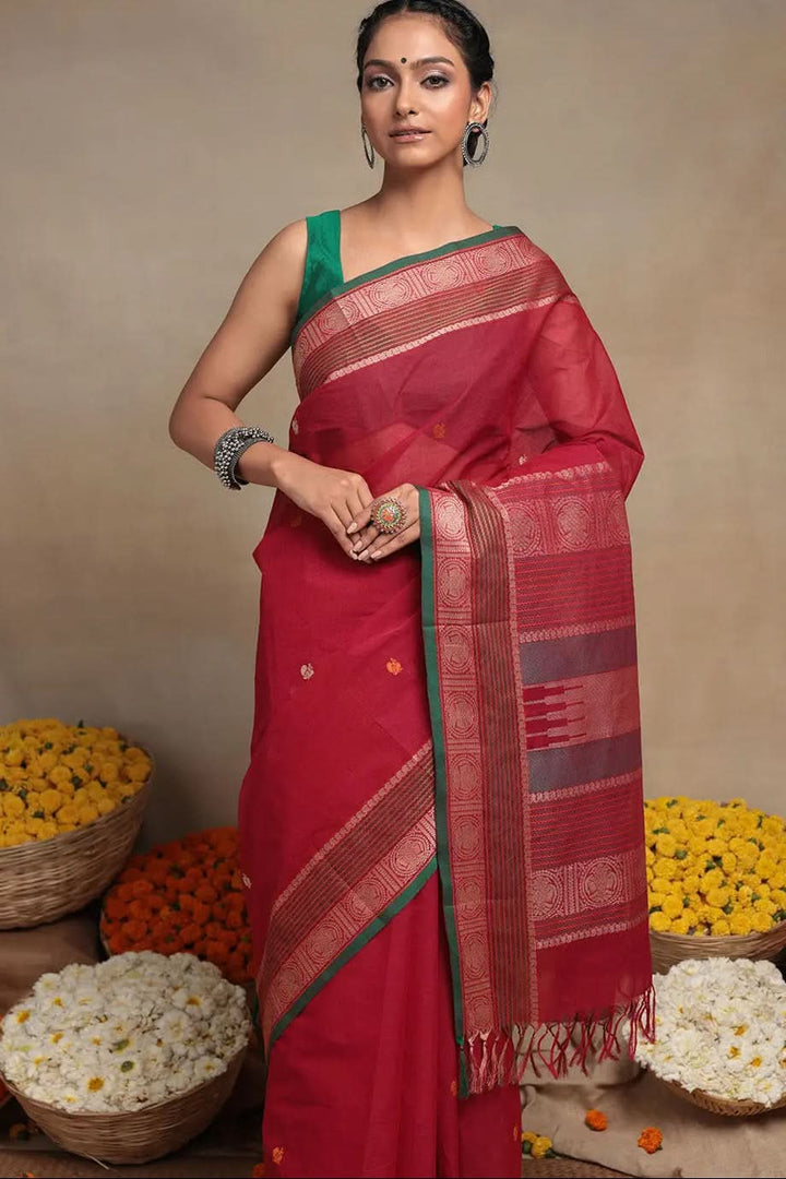 Handloom Magenta Pure Cotton Kanchi Saree | SHOBITAM
