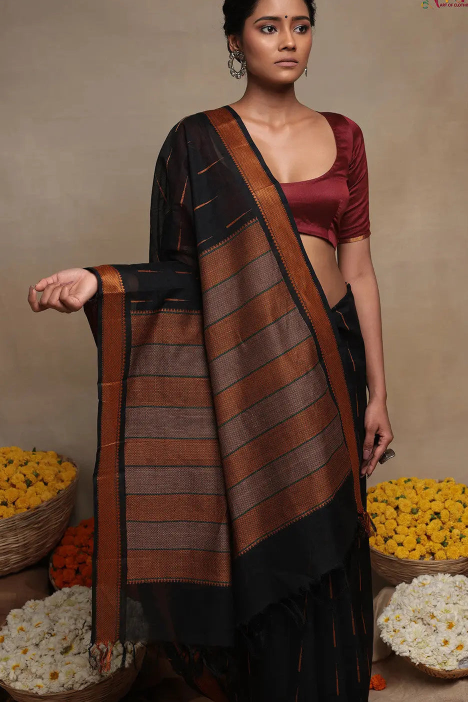 Handloom Black Pure Cotton Kanchi Contemporary Saree | SHOBITAM