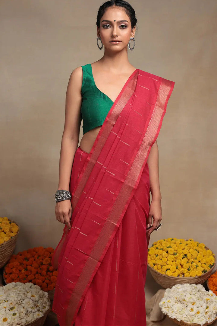 Handloom Raspberry Red Pure Cotton Kanchi Saree | SHOBITAM