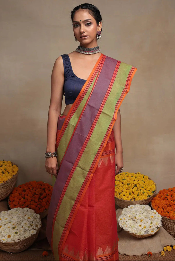 Handloom Royal Orange Pure Cotton Kanchi Saree | SHOBITAM