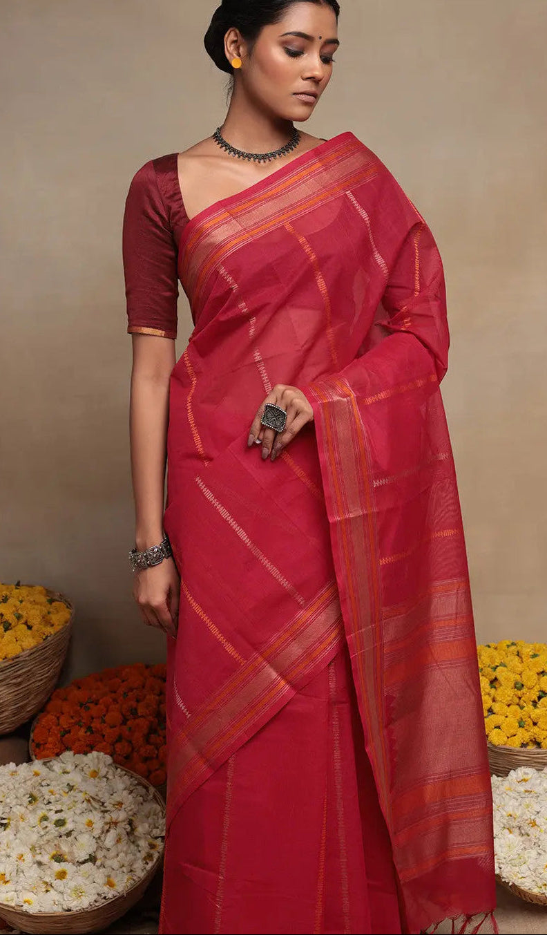 Magenta Handloom Kanchi Cotton Saree With Stripes | SHOBITAM