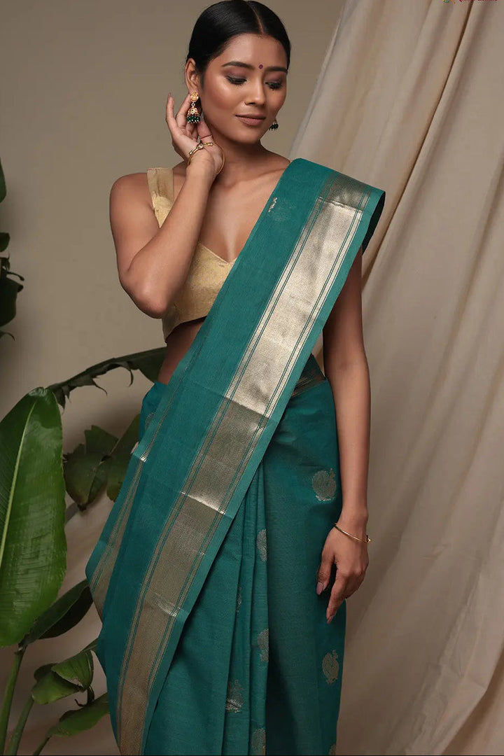 Handloom Jade Green Pure Cotton Kanchi Saree With Zari Border And Motifs | SHOBITAM