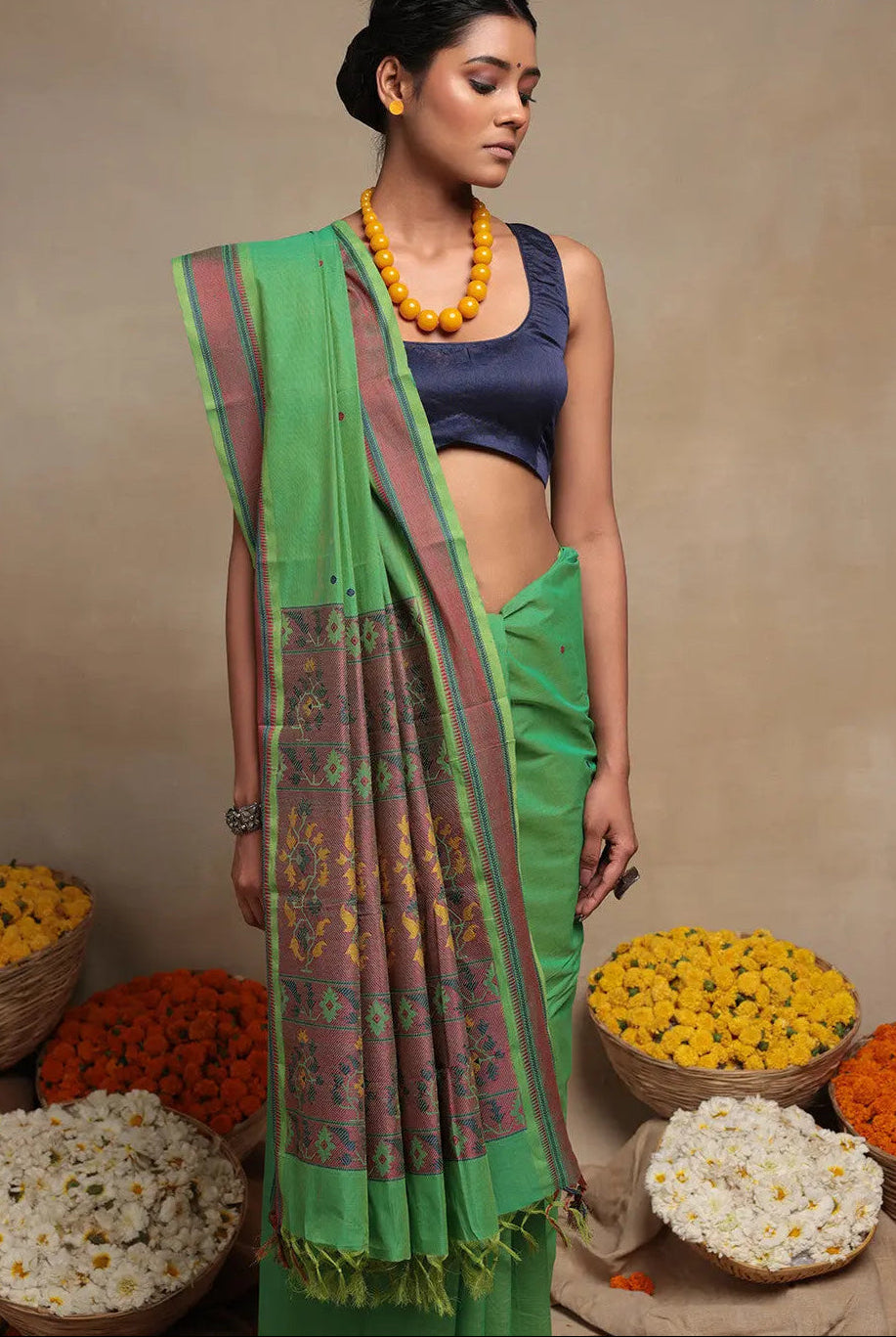 Emerald Green Pure Cotton Saree | SHOBITAM