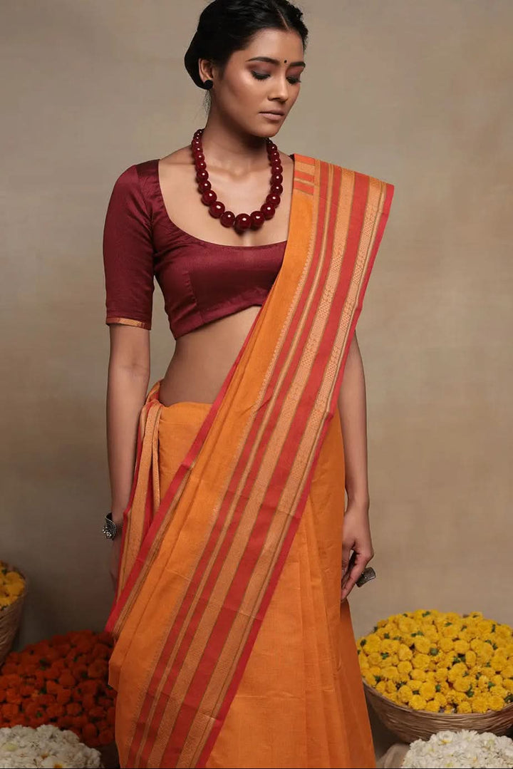 Handloom Atomic Orange Pure Cotton  Saree | SHOBITAM