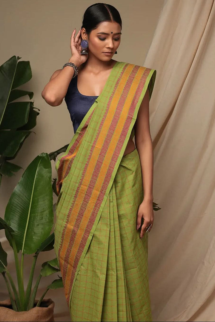 Handloom Parrot Green Pure Cotton Kanchi Saree With Generous Border | SHOBITAM