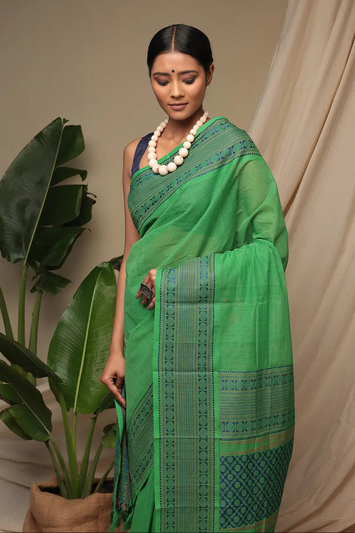 Green Pure Cotton Handloom Kanchi Saree | SHOBITAM