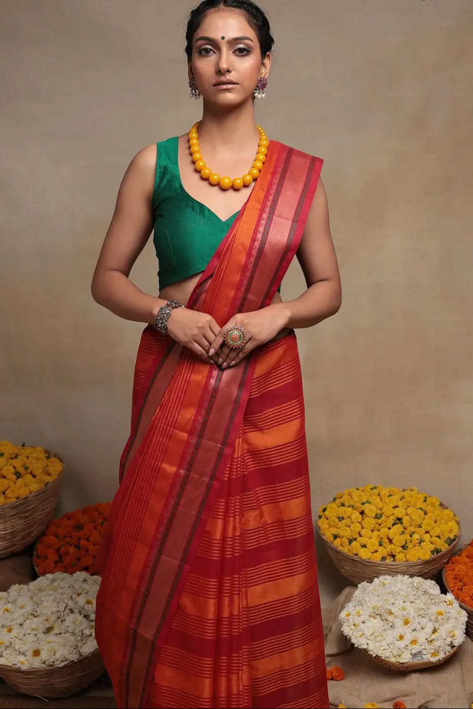 Handloom Orange & Red Pure Cotton Kanchi Saree | SHOBITAM