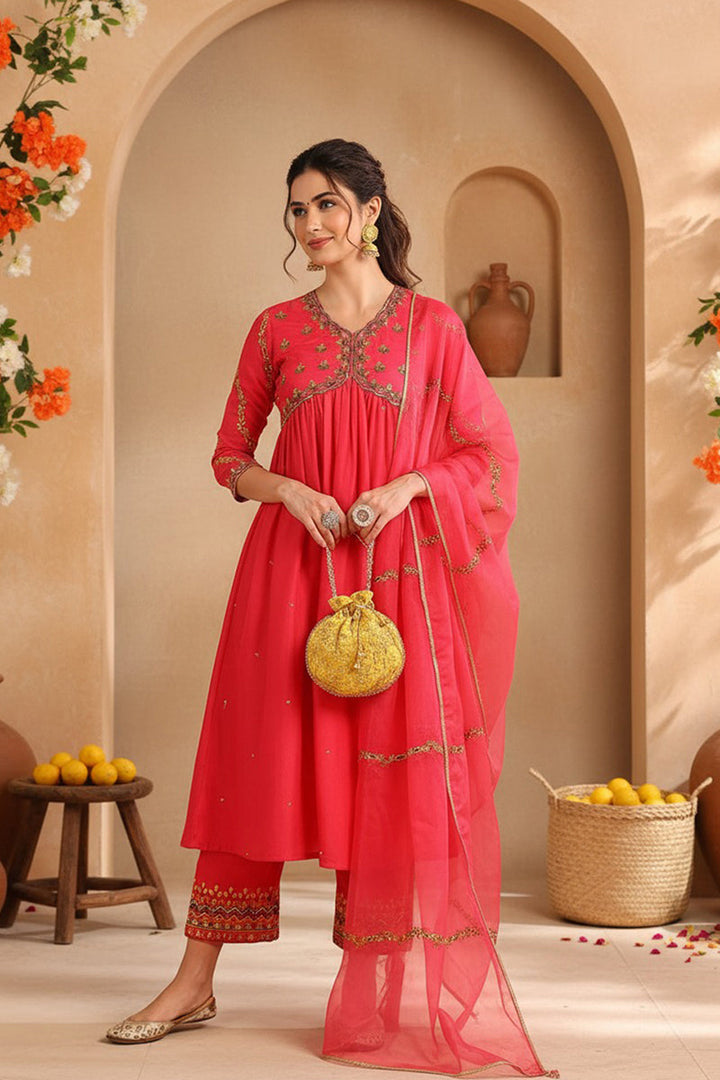 Pink Silk Blend Solid Embroidered Flared Suit Set | SHOBITAM