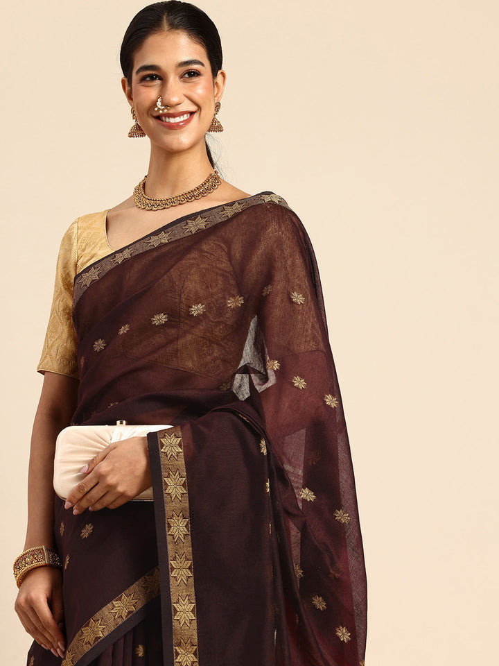 Chocolate Red Zari Buti Silk Cotton Saree with blouse piece | SHOBITAM