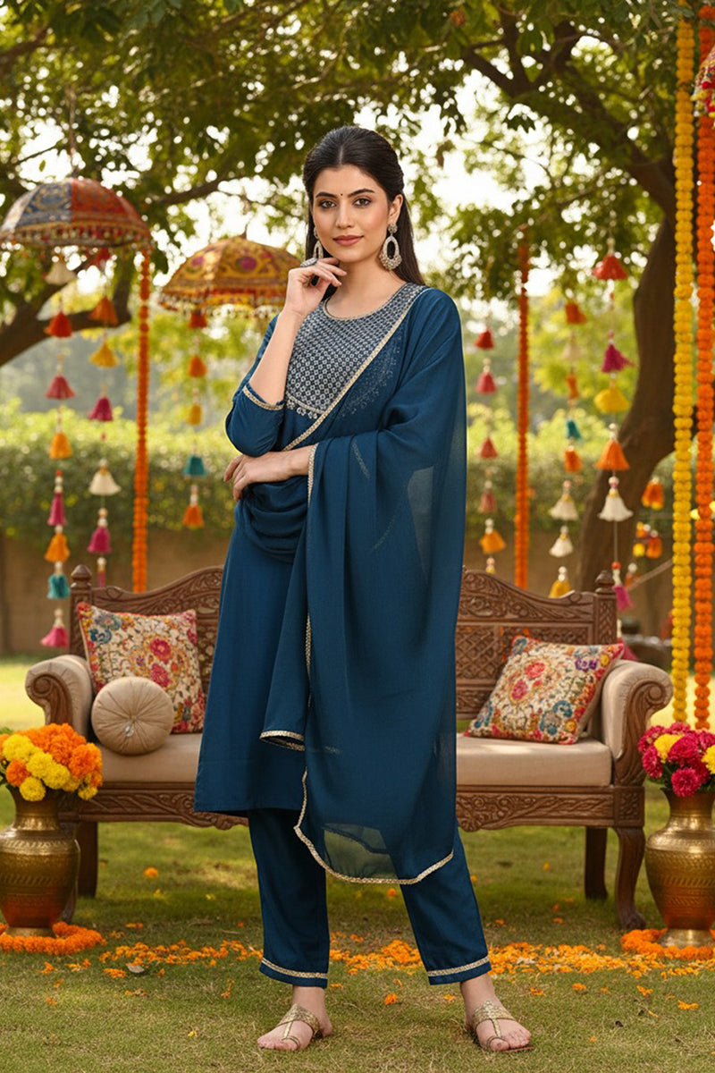 Silk Blend Teal Embroidered Straight Kurta Pant With Dupatta  | SHOBITAM