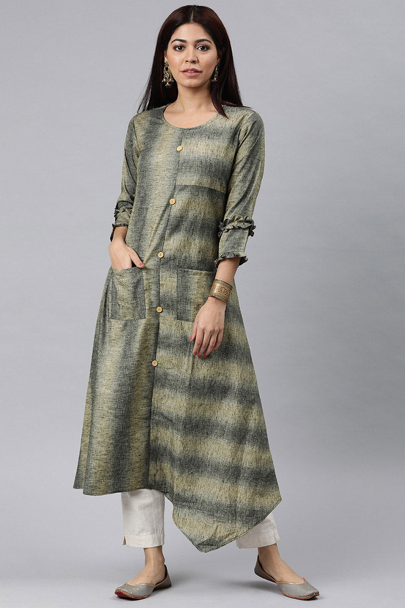 Grey And Beige Striped A Line Panelled Kurta with pockets  | SHOBITAM