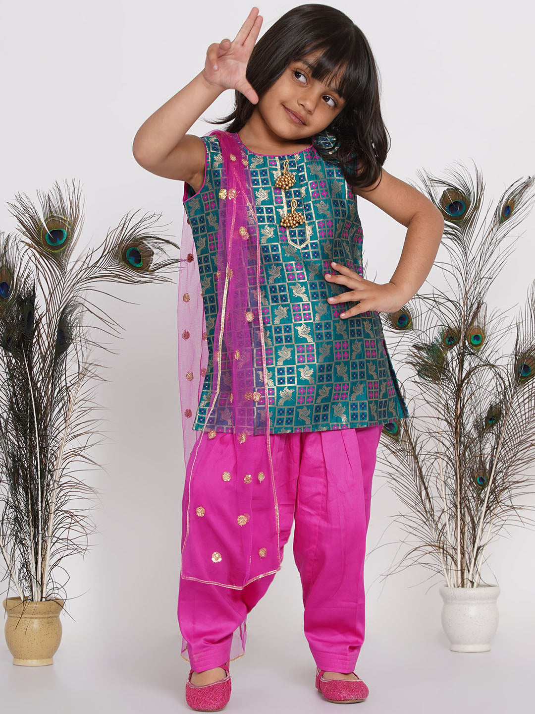 Girls Banarsi Kurta with Salwar and Dupatta - Peacock Green and Rani | SHOBITAM