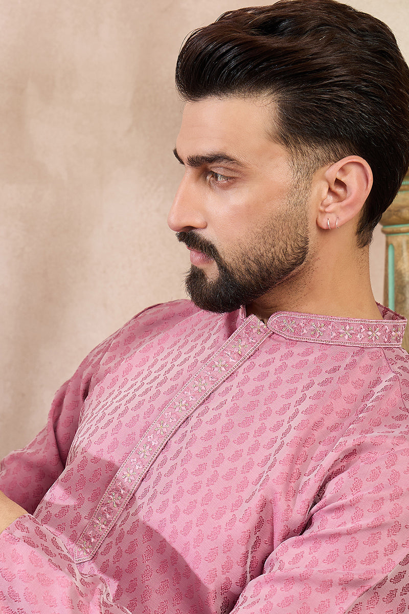 Pink Silk Blend Solid Woven Design Straight Kurta With Trouser | SHOBITAM
