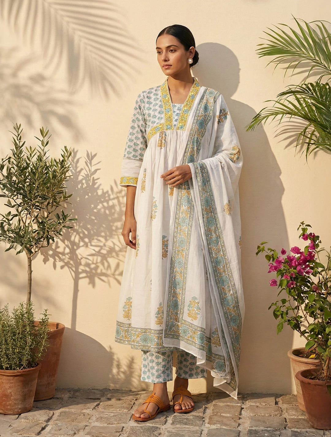 White Yellow Printed Anarkali Kurta Pant Dupatta Set | SHOBITAM