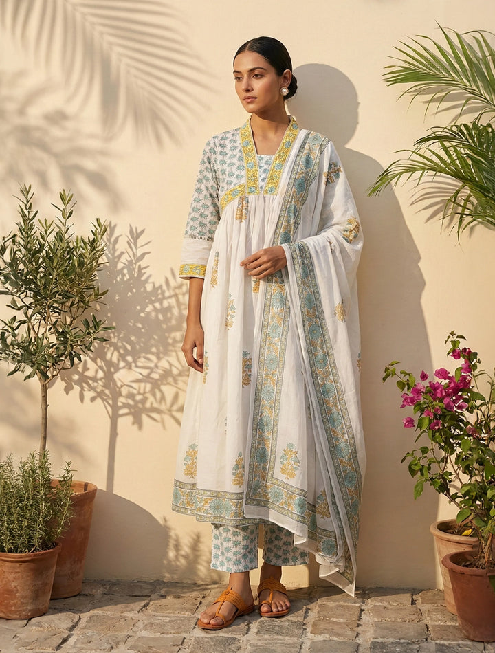 White Yellow Printed Anarkali Kurta Pant Dupatta Set | SHOBITAM