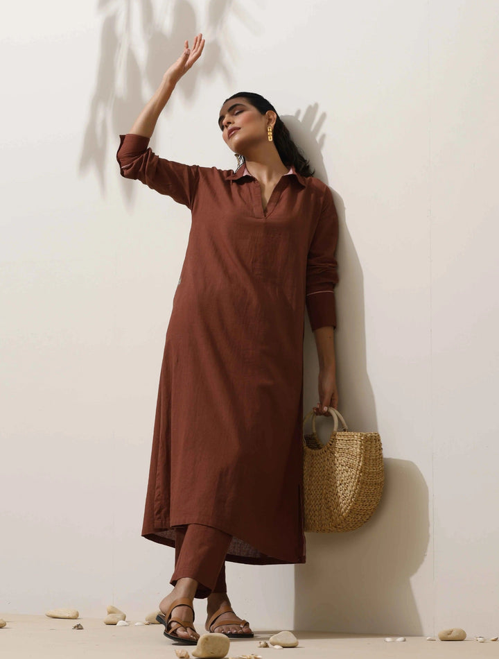 Brown Cotton Linen Kurta Pant Set | SHOBITAM