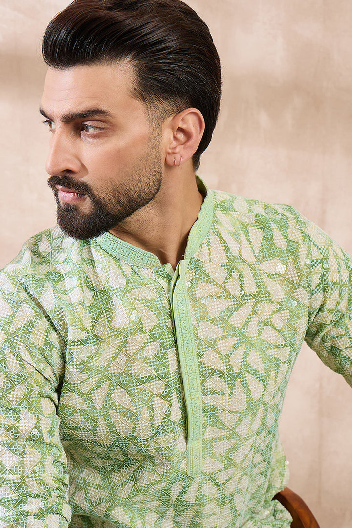 Green Viscose Rayon Ethnic Motifs Embroidered Straight Kurta With Trouser | SHOBITAM
