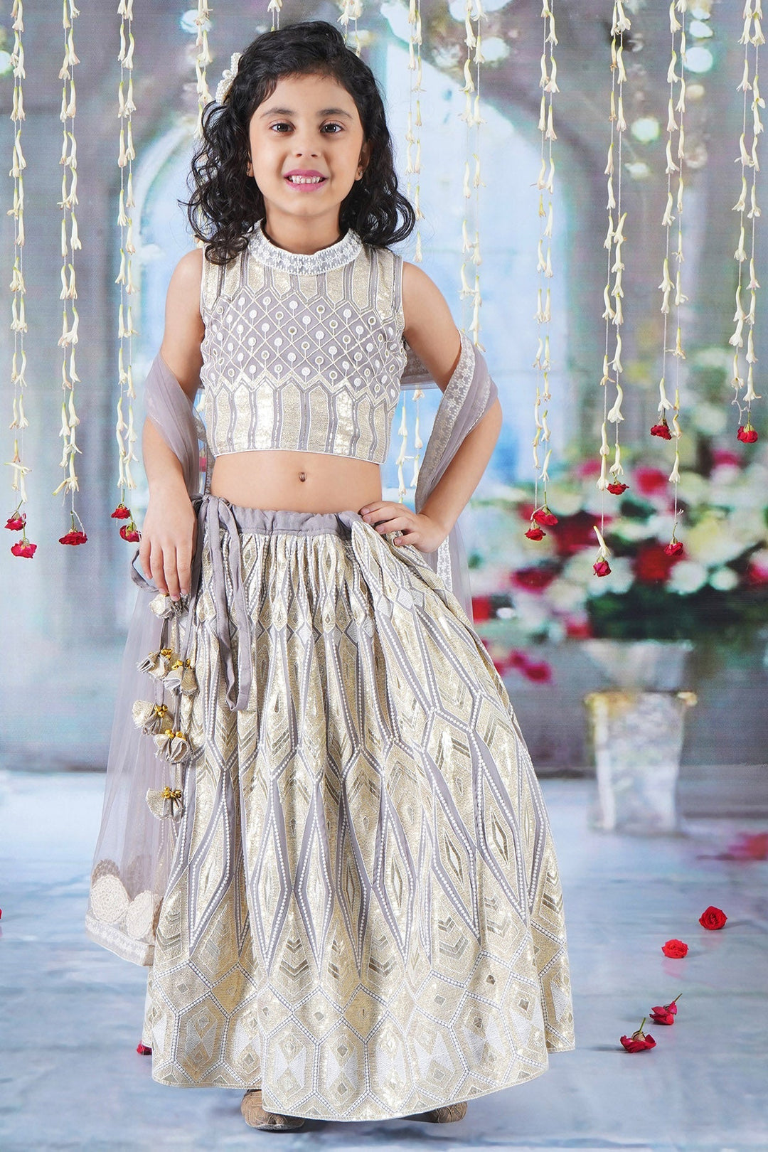 Girls Ivory and Golden Thread work Lehenga with Sequence work Blouse and Lacework Dupatta | SHOBITAM