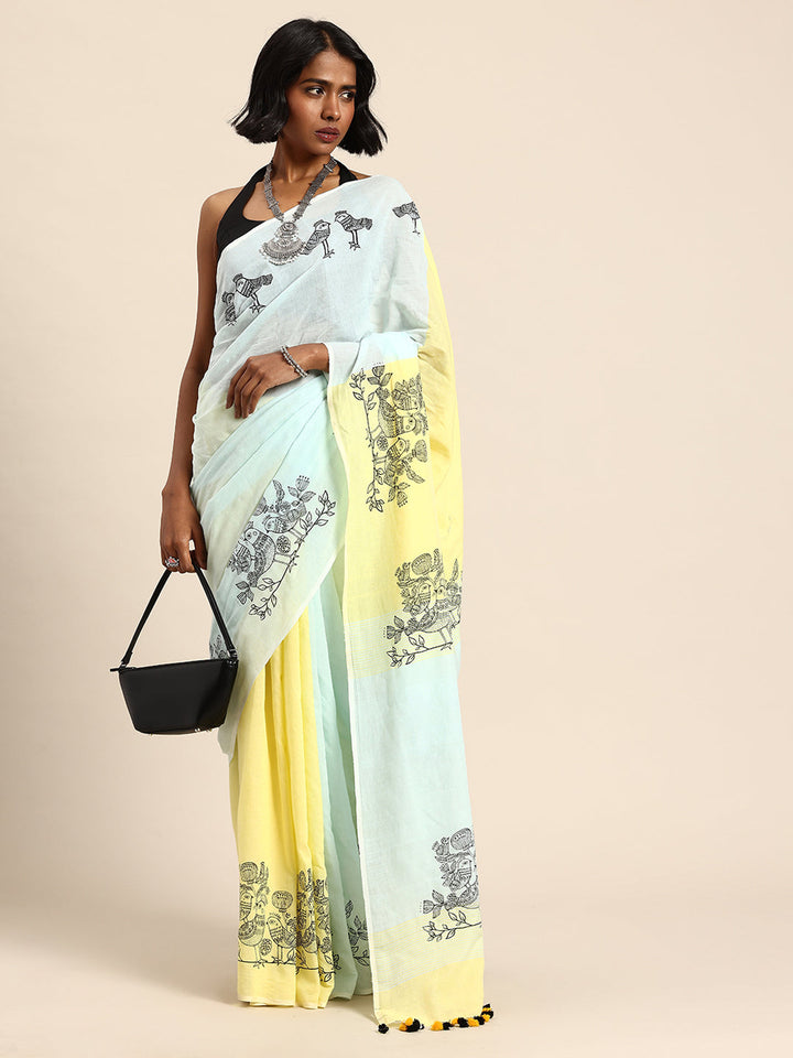 Handloom Sky Blue & Yellow Cotton Bird Print Saree