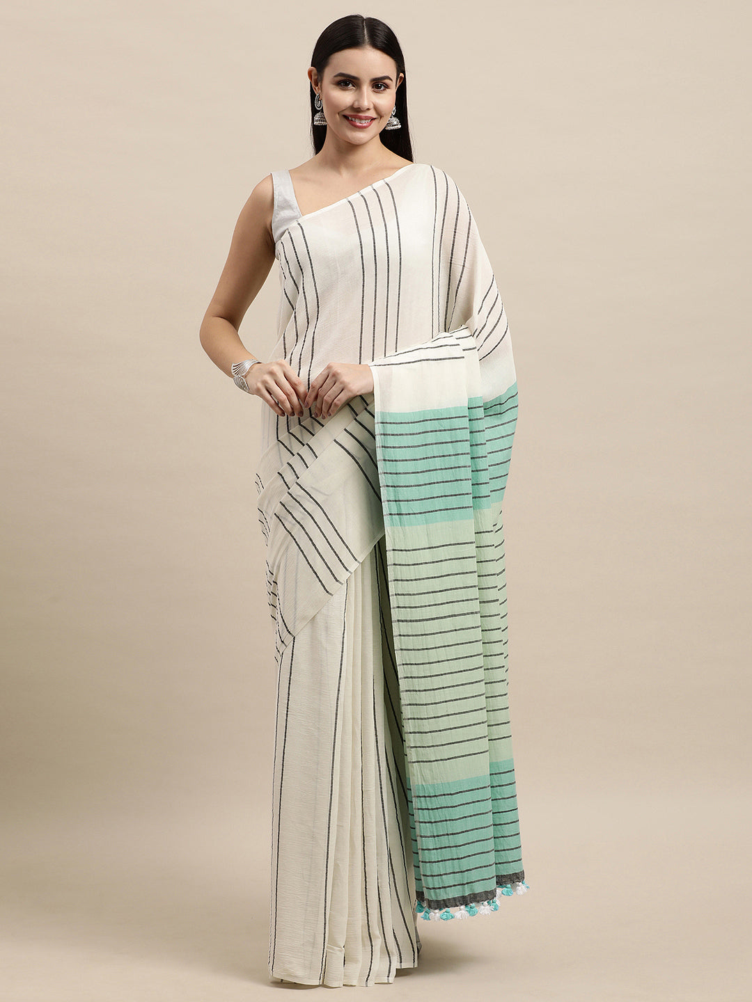 Handwoven Cotton Saree with pompoms | SHOBITAM