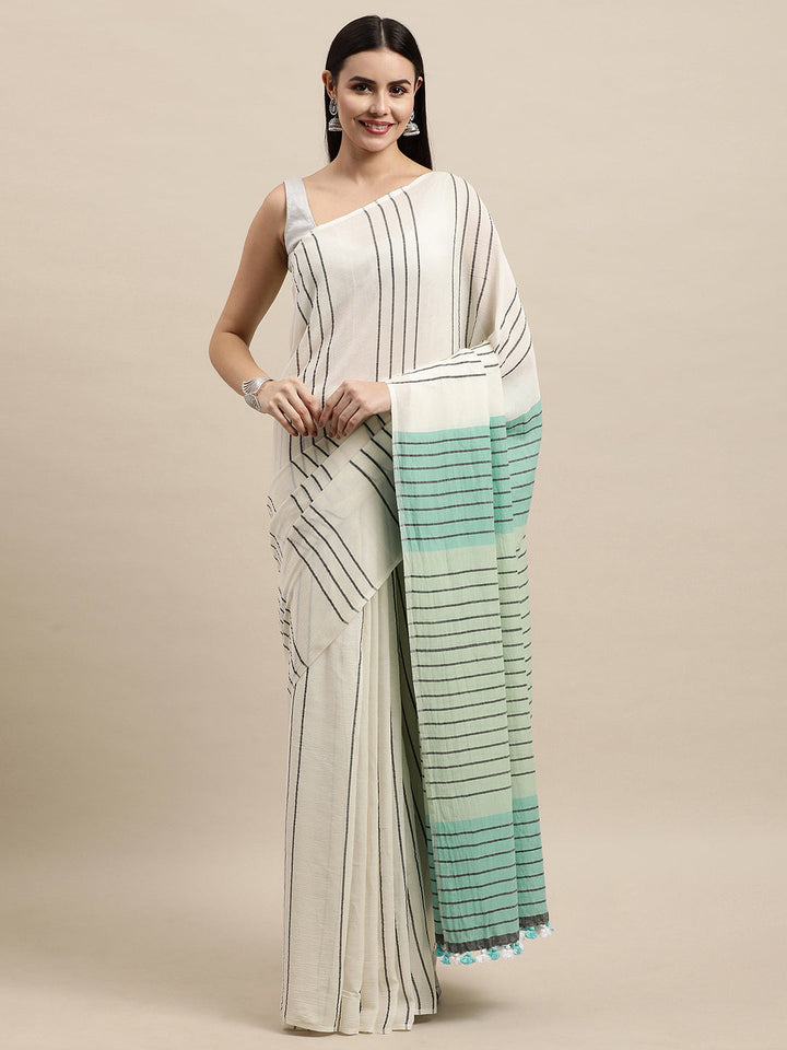 Handwoven Cotton Saree with pompoms | SHOBITAM