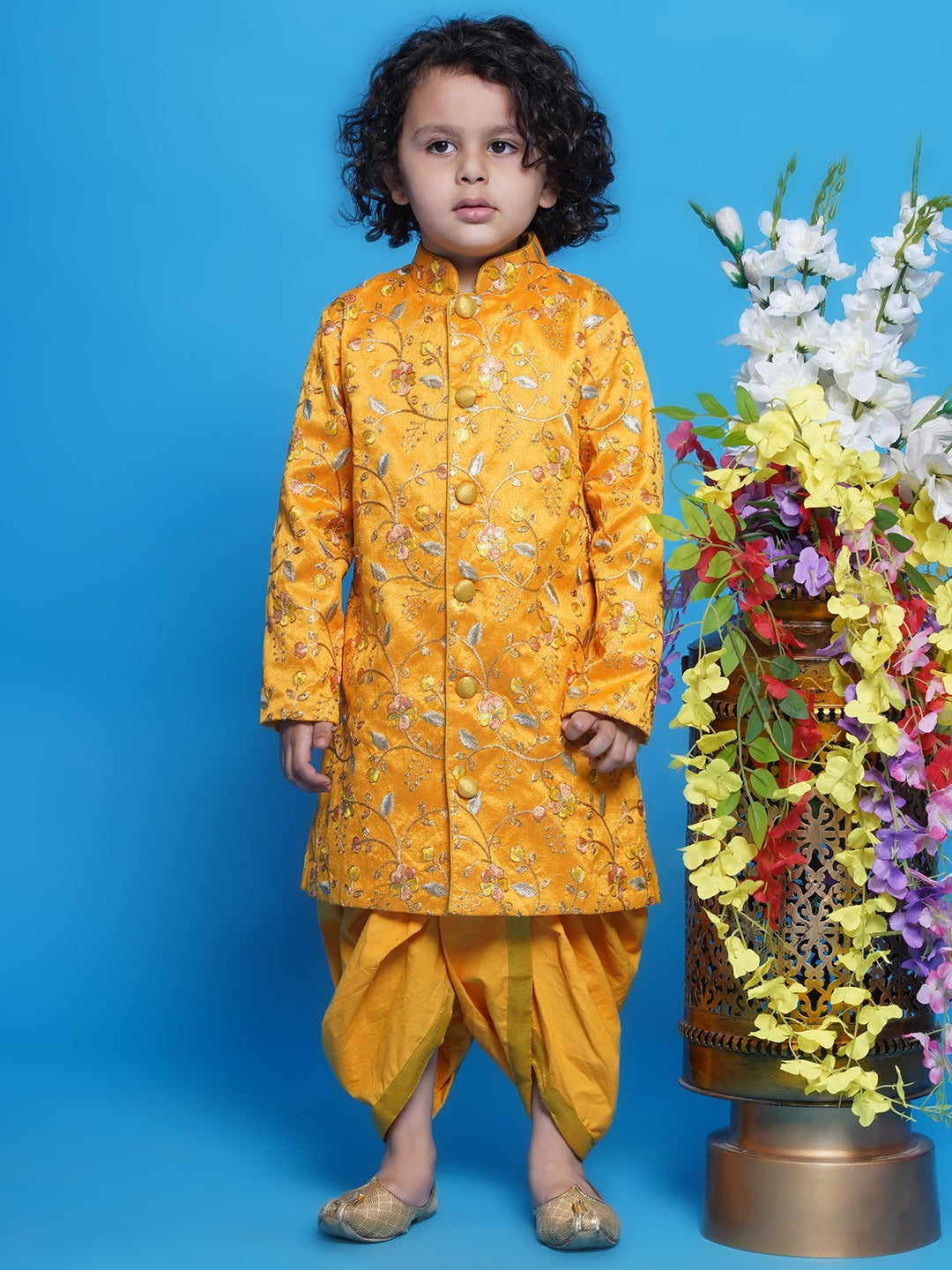 Pretty Floral Sherwani with Dhoti - Haldi Yellow | SHOBITAM