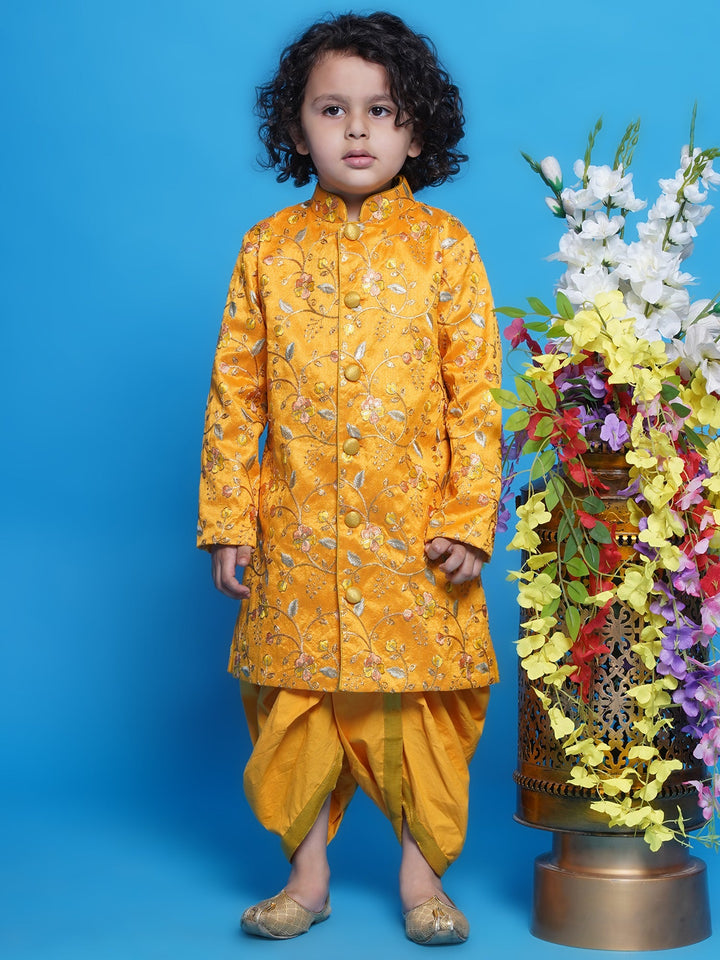 Pretty Floral Sherwani with Dhoti - Haldi Yellow | SHOBITAM