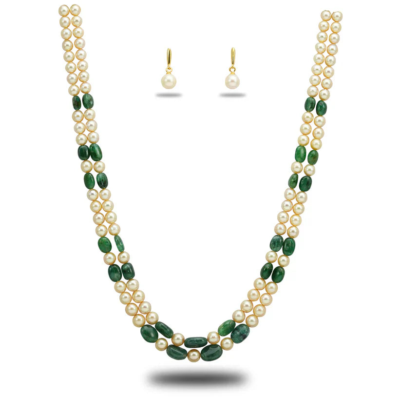 Natural Emerald Beads and 7.0-8.0mm Golden Saltwater Akoya Pearls Necklace Set - A Quality | SHOBITAM