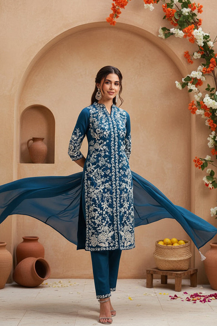 Teal Blue Silk Blend Solid Embroidered Straight Suit Set  | SHOBITAM