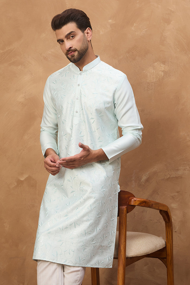 Blue Silk Blend Solid Embroidered Straight Kurta | SHOBITAM