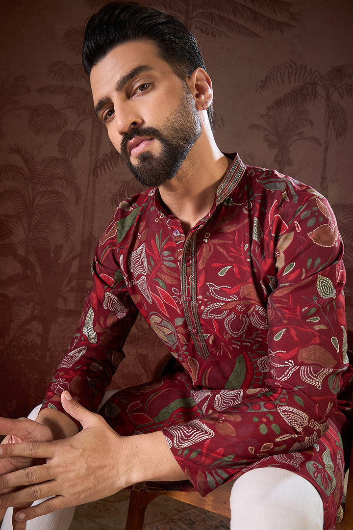 Maroon Silk Blend Floral Printed Straight Kurta With Trouser| SHOBITAM