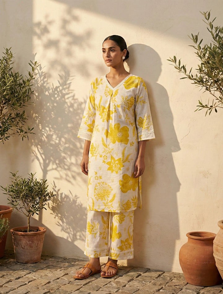White Yellow Floral Print Kurta Pant Set | SHOBITAM