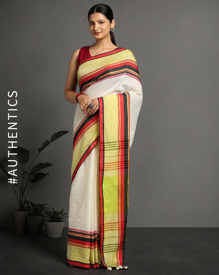White Green Red Cotton Saree with Blouse piece