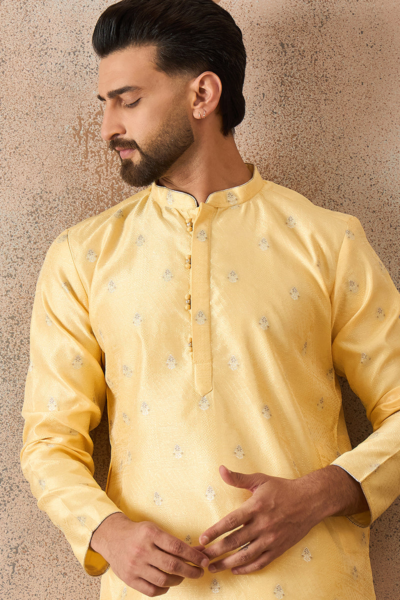 Mens Yellow Silk Blend Floral Straight Kurta With Trouser | SHOBITAM